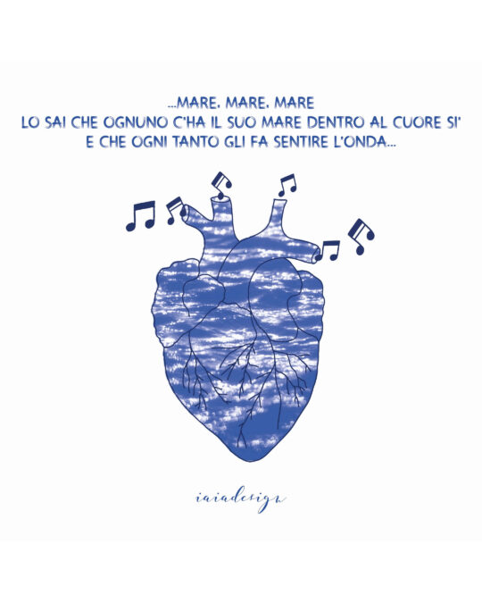 Illustrazione di un cuore umano riempito con la texture del mare, da cui escono note musicali e la citazione "mare dentro al cuore".