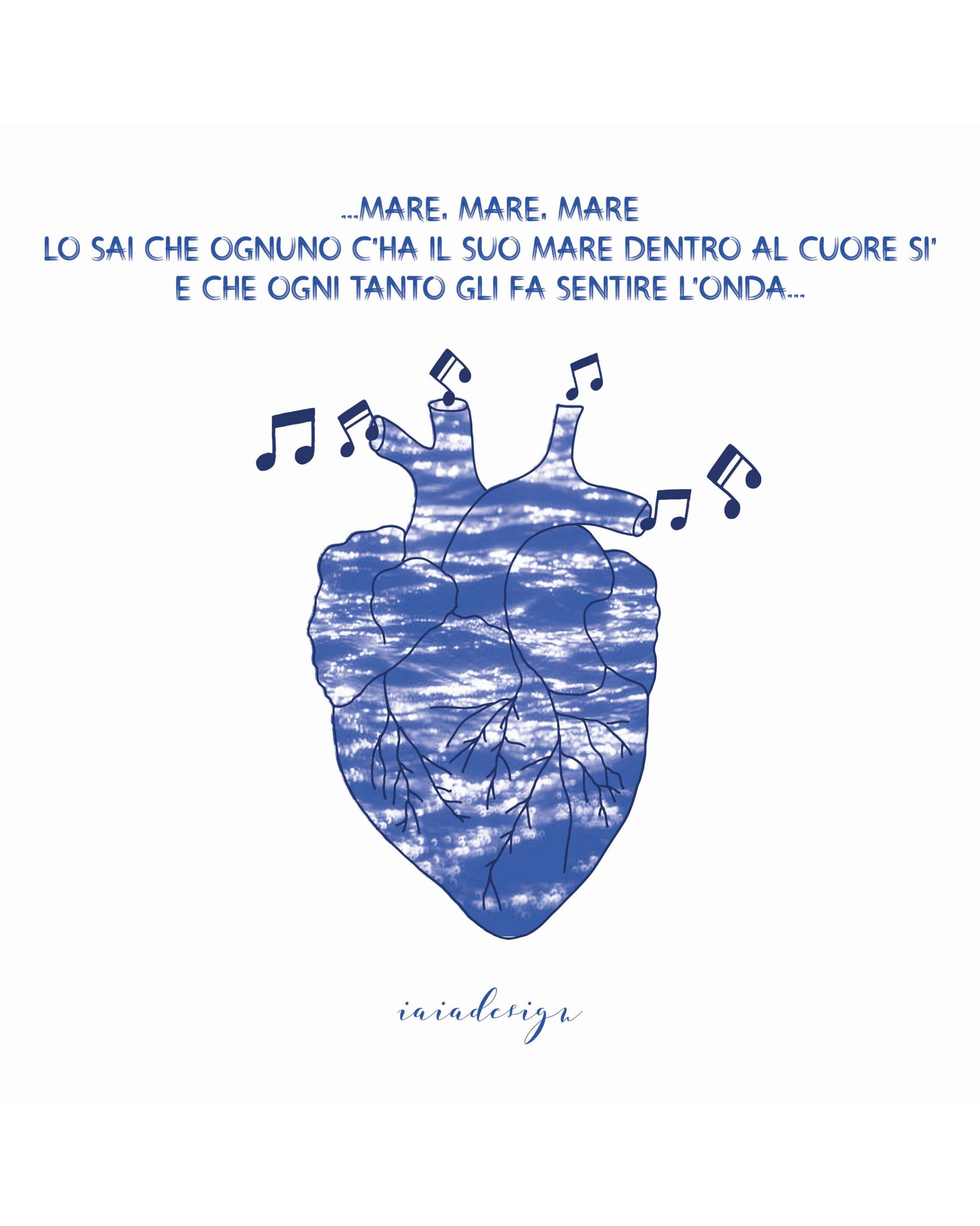Illustrazione di un cuore umano riempito con la texture del mare, da cui escono note musicali e la citazione "mare dentro al cuore".