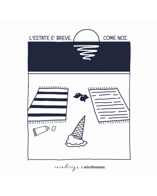 Illustrazione stilizzata di una spiaggia con un gelato caduto e il mare, con la frase "L'estate è breve. Come noi.".
