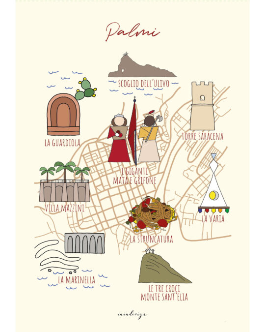 Mappa illustrata della città di Palmi con i suoi principali punti di interesse come lo Scoglio dell'Ulivo, La Varia e i Giganti.