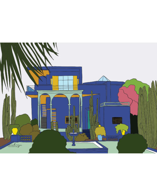 Illustrazione della villa blu del Jardin Majorelle a Marrakech, circondata da cactus, palme e piante esotiche.