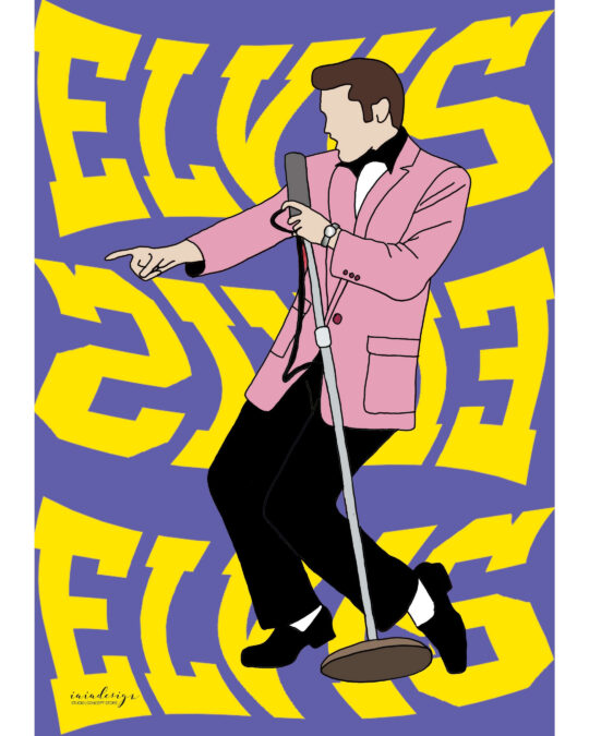 Illustrazione di Elvis Presley in giacca rosa che canta al microfono, su uno sfondo viola con il suo nome in giallo.