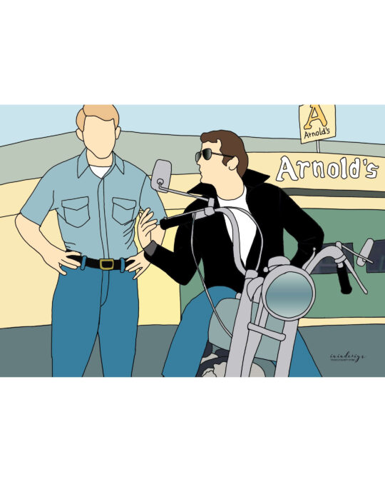 Illustrazione di Fonzie sulla sua moto e Richie Cunningham dal telefilm Happy Days, con l'insegna di Arnold's sullo sfondo.