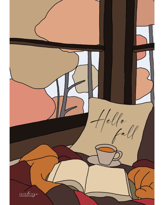 Illustrazione di una scena autunnale accogliente con un libro, una tazza calda e un cuscino con la scritta "Hello fall".