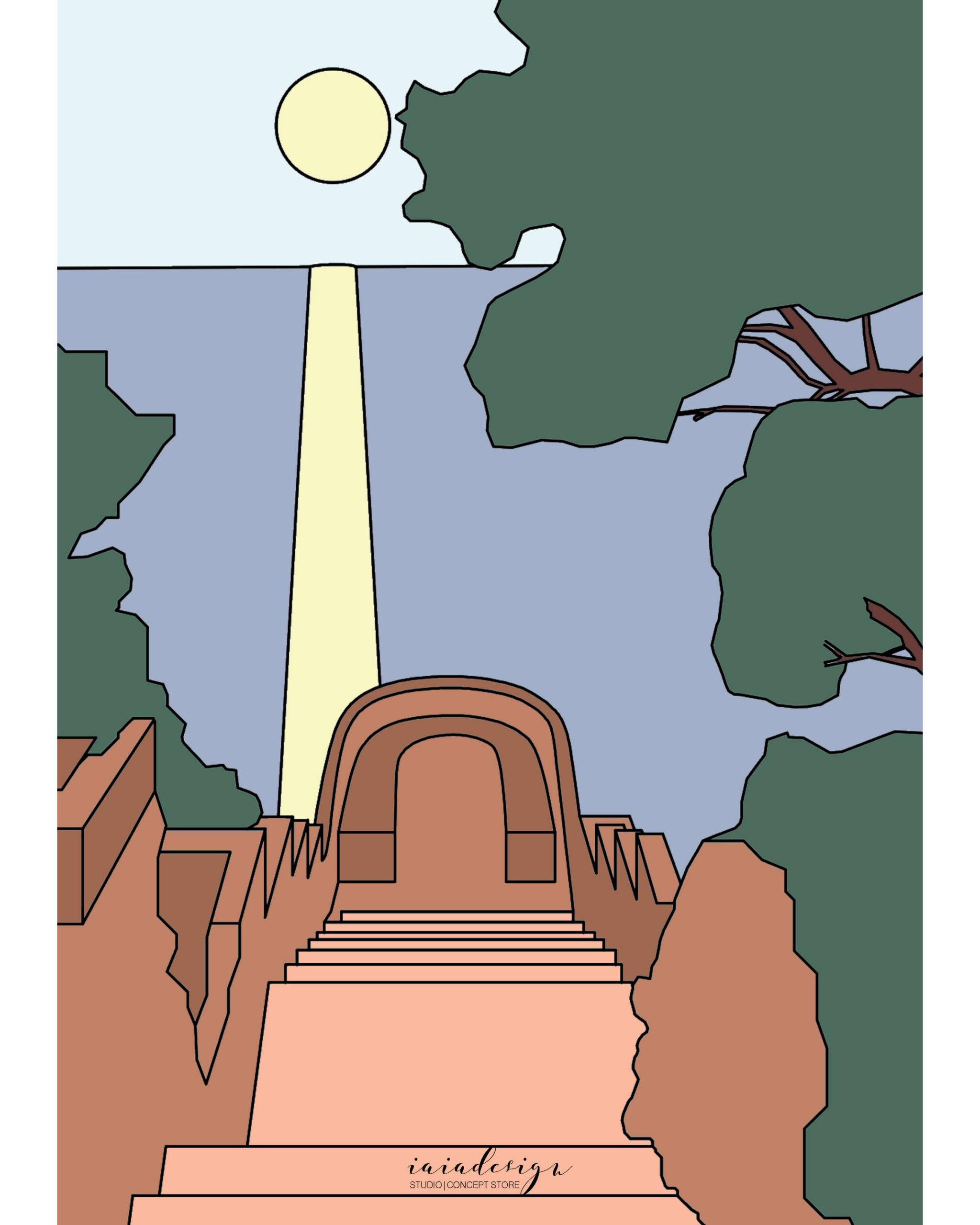 Illustrazione del belvedere La Guardiola di Villa Repaci a Palmi, vista dalla scalinata che incornicia il mare e il sole all'orizzonte.