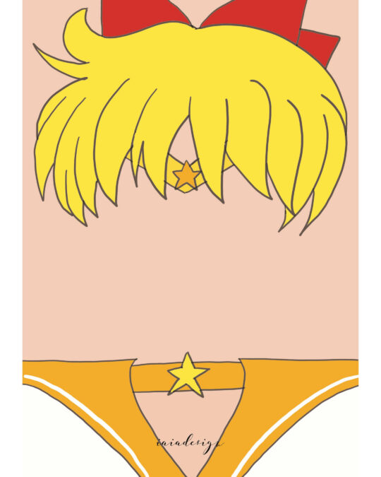 Illustrazione minimalista di Sailor Venus, con il suo iconico fiocco rosso, i capelli biondi e il dettaglio della divisa da guerriera.