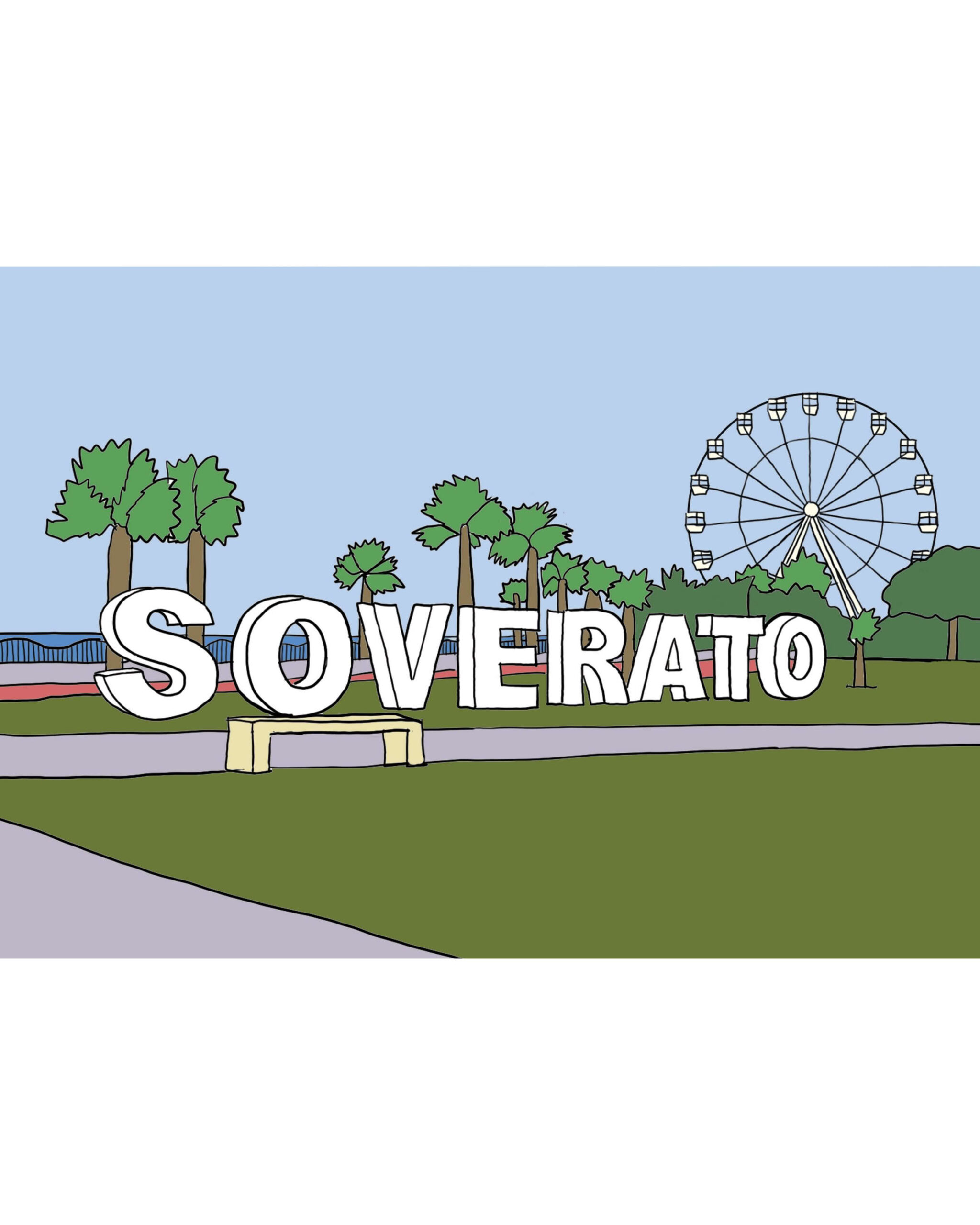 Illustrazione della scritta monumentale di Soverato sul lungomare, con le palme e la ruota panoramica sullo sfondo.