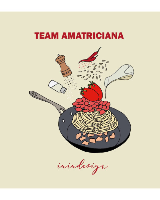 Illustrazione della preparazione della pasta all'amatriciana in padella, con tutti gli ingredienti, e la scritta "Team Amatriciana".