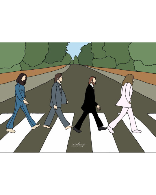 Illustrazione della celebre copertina dell'album Abbey Road dei Beatles, con la band che attraversa la strada.