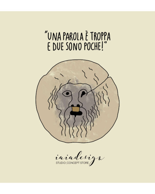 Illustrazione della Bocca della Verità con un dente d'oro e la celebre frase di Totò "Una parola è troppa e due sono poche".