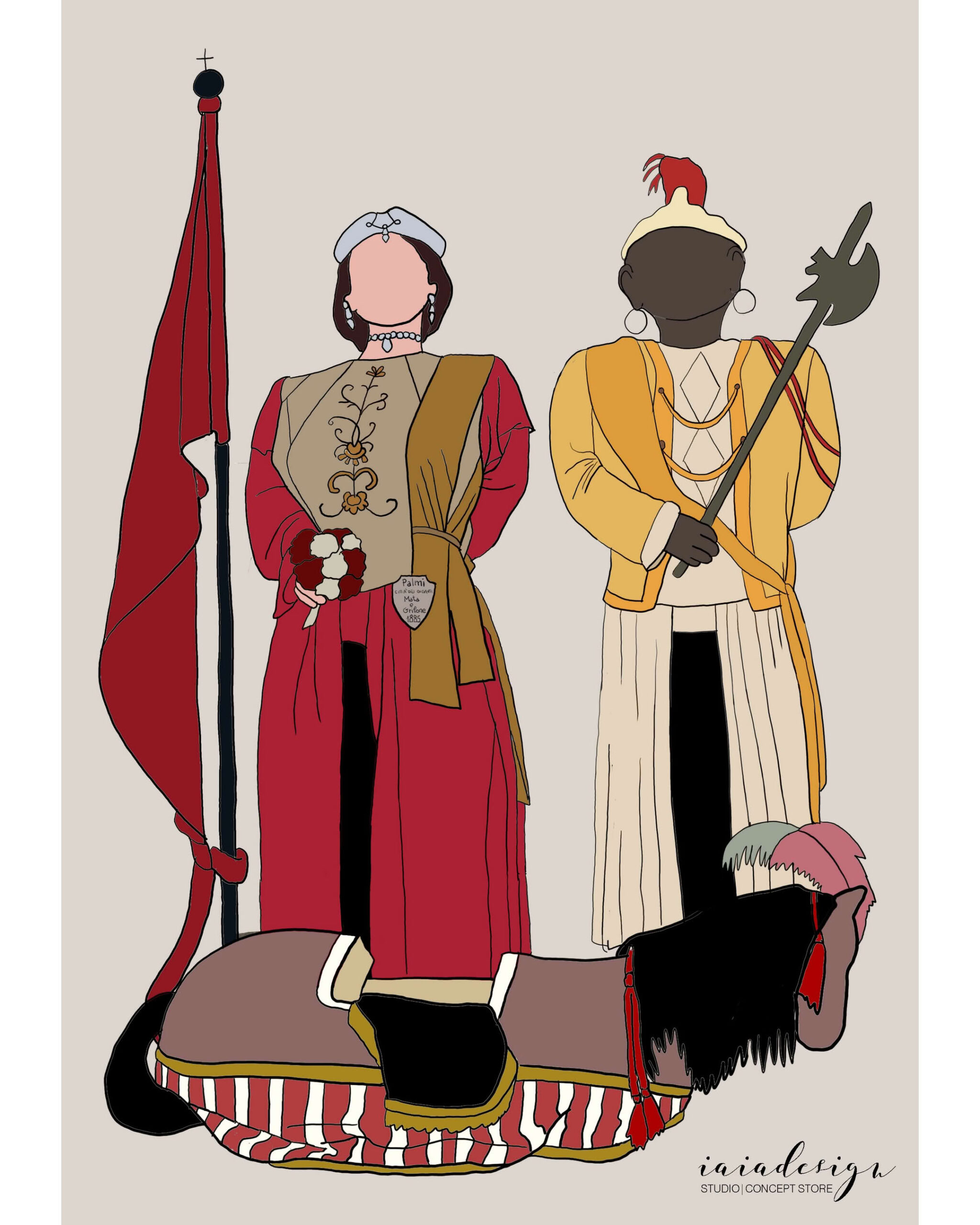 Illustrazione dei Giganti Mata e Grifone in abiti tradizionali, icone del folklore di Palmi, con la figura del cammello.
