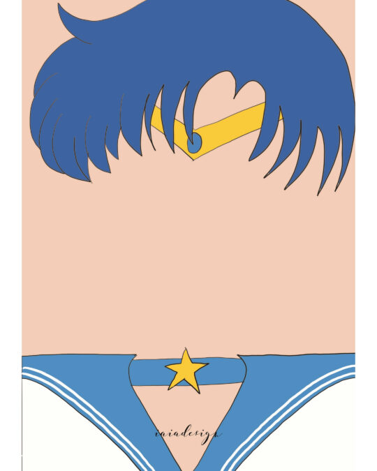 Illustrazione minimalista di Sailor Mercury, con i suoi iconici capelli blu, il diadema e il dettaglio della divisa da guerriera.