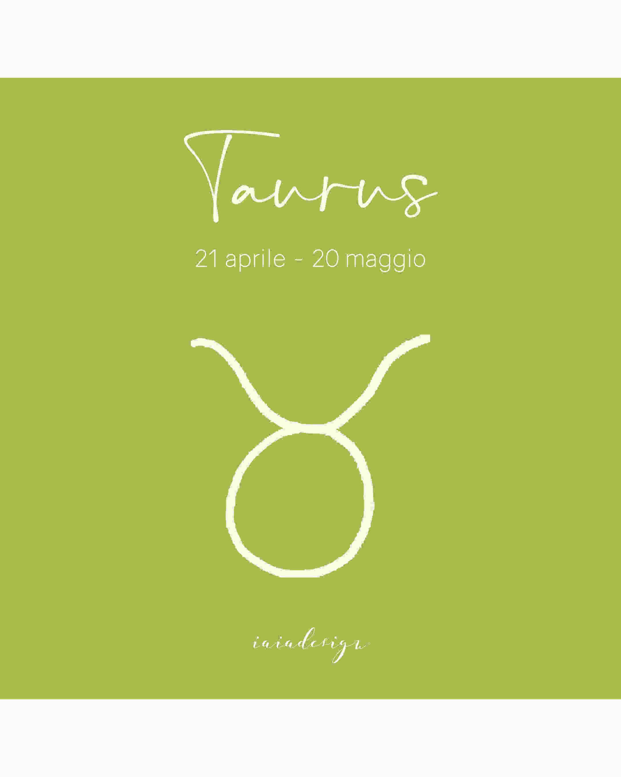 Illustrazione del segno zodiacale del Toro con il suo simbolo e le date su un fondo color verde chiaro.