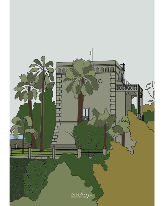 Illustrazione della storica Torre di Carlo V circondata da palme e vegetazione mediterranea, con il mare sullo sfondo.
