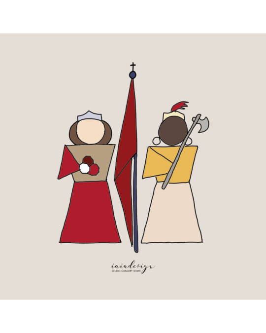 Stampa dei Giganti di Palmi – 02a-i-giganti-25 Illustrazione minimalista dei Giganti di Palmi, Mata e Grifone, figure tradizionali del folklore calabrese.