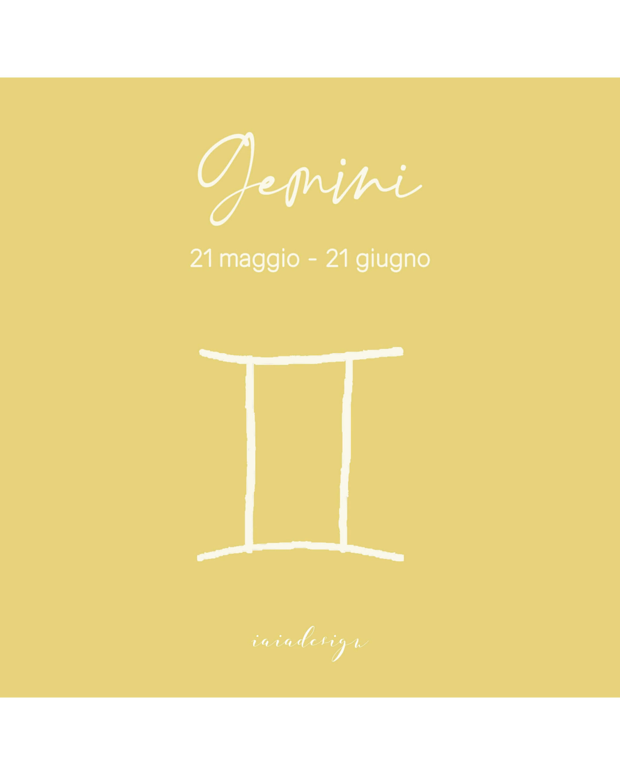 Illustrazione del segno zodiacale dei Gemelli con il suo simbolo e le date su un fondo color giallo ocra.