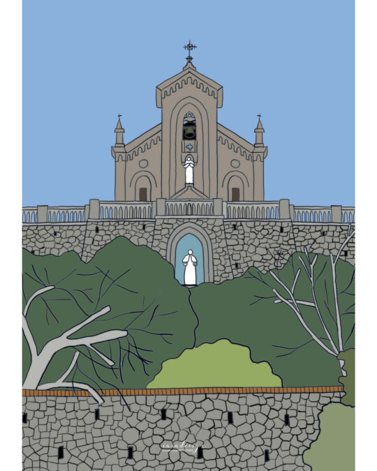 Illustrazione della facciata della Chiesa di Sant'Antonio a Palmi, che si erge su un muro di pietra tra gli alberi.