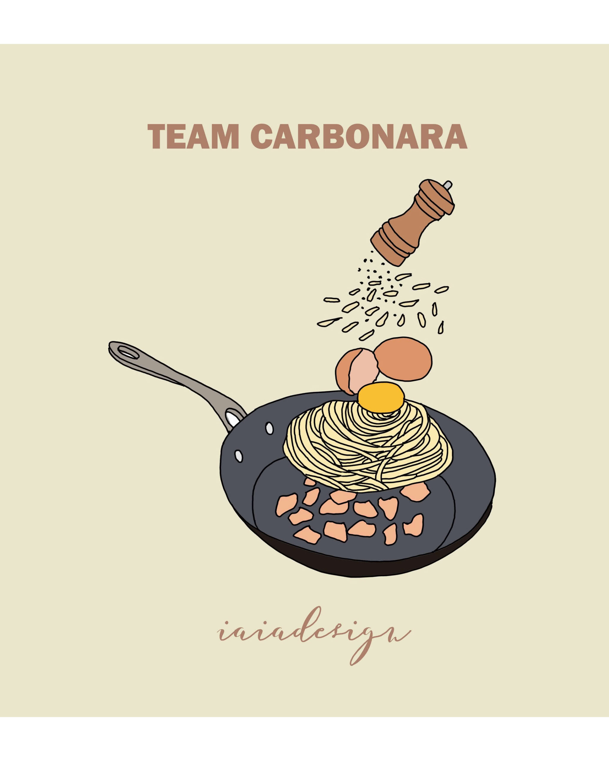 Illustrazione della preparazione della pasta alla carbonara in padella, con guanciale, uovo, formaggio e pepe, e la scritta "Team Carbonara".