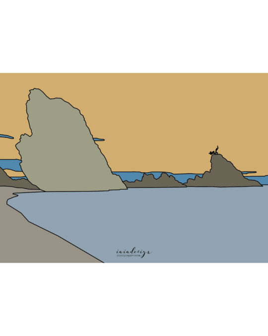 Illustrazione della spiaggia e dei faraglioni dell'Ulivarella a Palmi, con le rocce che si stagliano sul mare al tramonto.