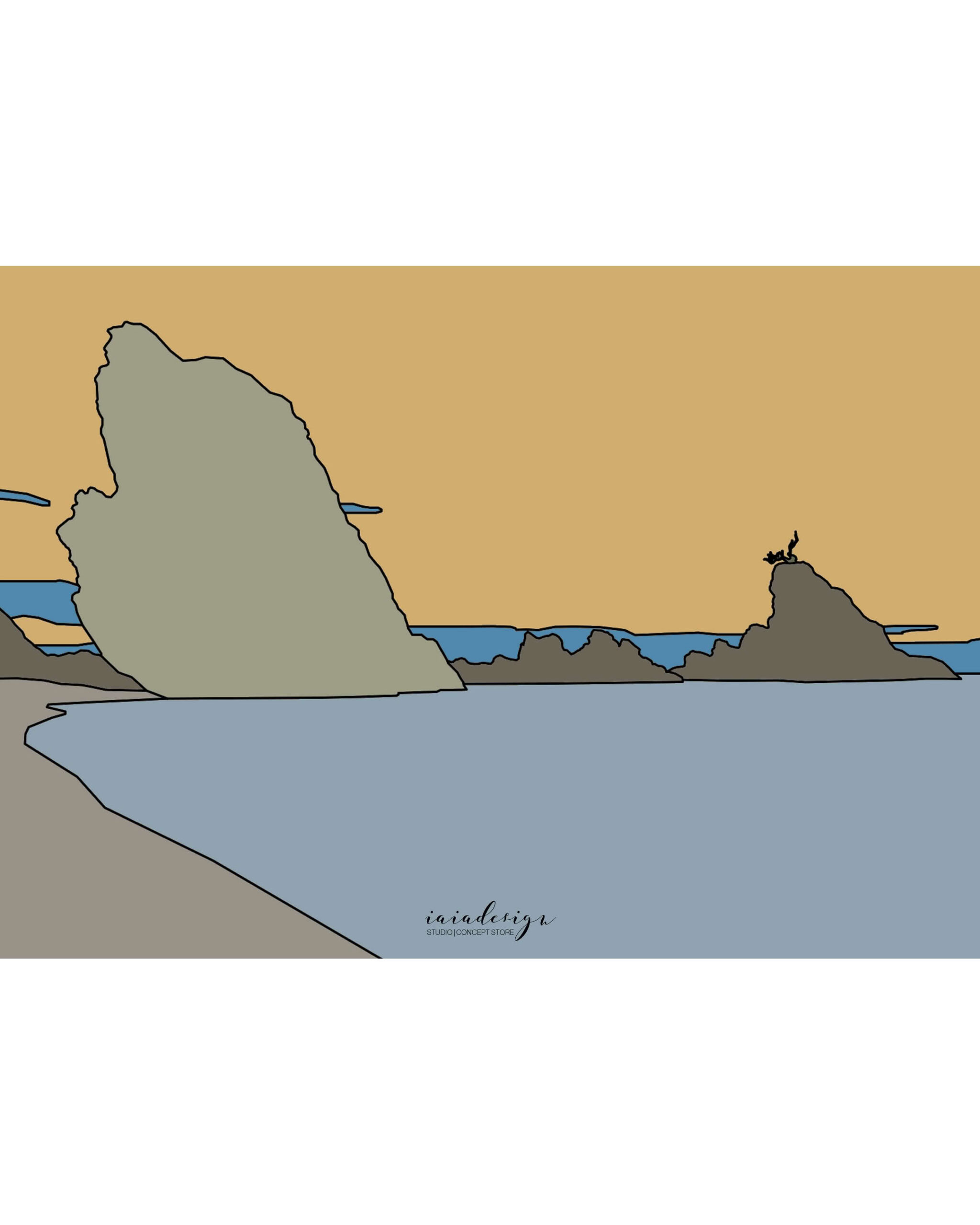 Illustrazione della spiaggia e dei faraglioni dell'Ulivarella a Palmi, con le rocce che si stagliano sul mare al tramonto.