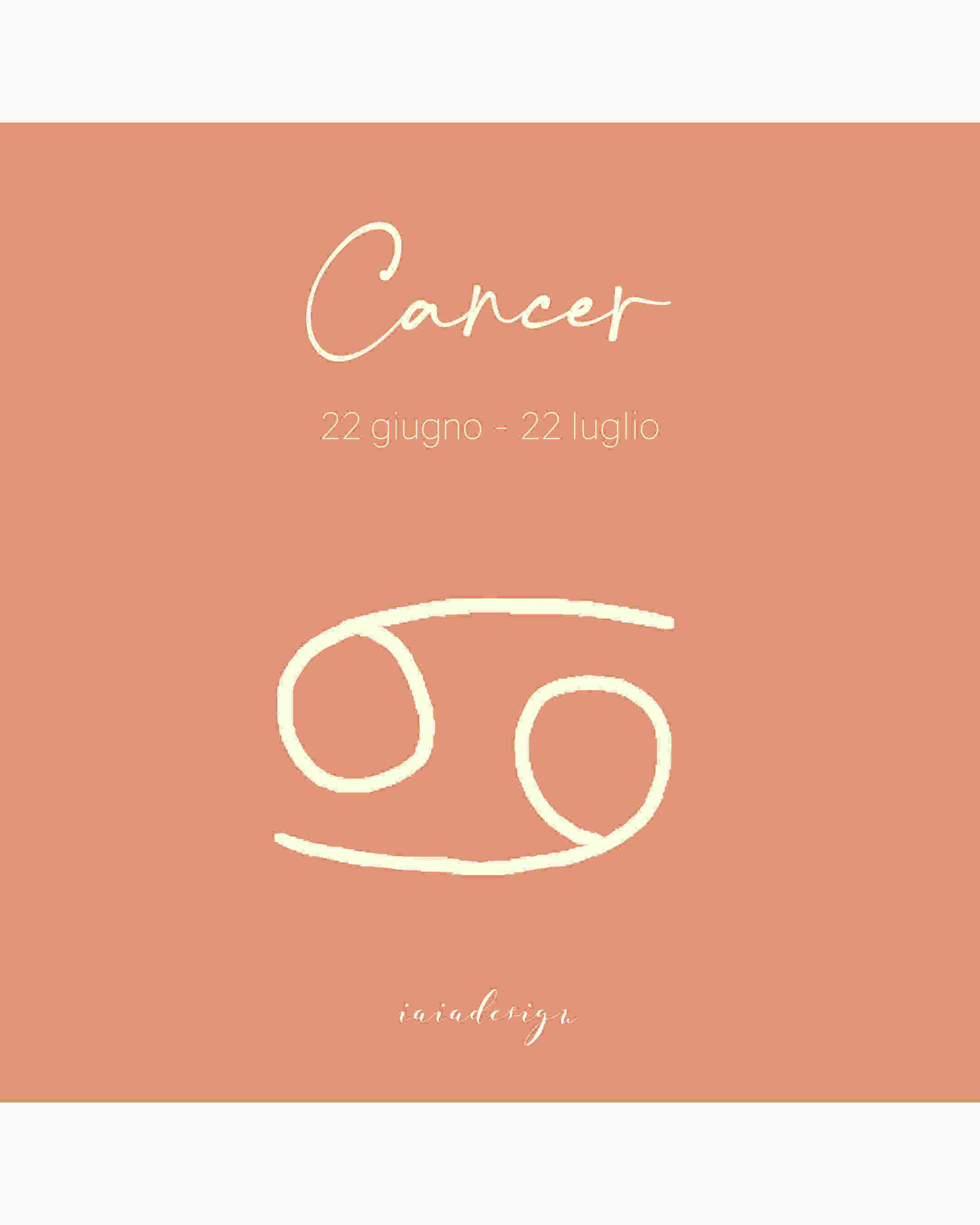 Illustrazione del segno zodiacale del Cancro con il suo simbolo e le date su un fondo color rosa antico.