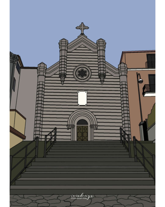 Illustrazione della facciata a strisce della Chiesa del Rosario di Palmi, vista dal fondo di una scalinata.