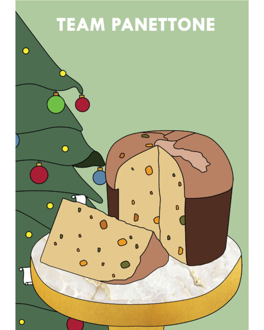 Illustrazione di un panettone con una fetta tagliata su un'alzata, accanto a un albero di Natale, con la scritta "Team Panettone".