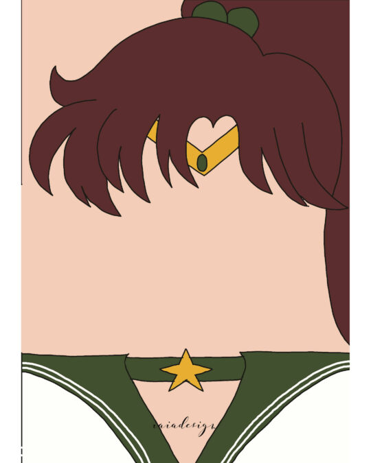Illustrazione minimalista di Sailor Jupiter, con la sua iconica coda di cavallo, il diadema e i dettagli della divisa da guerriera.