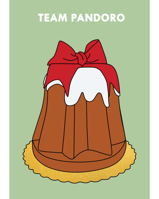 Illustrazione di un pandoro con glassa e un fiocco rosso su un vassoio dorato, con la scritta "Team Pandoro".