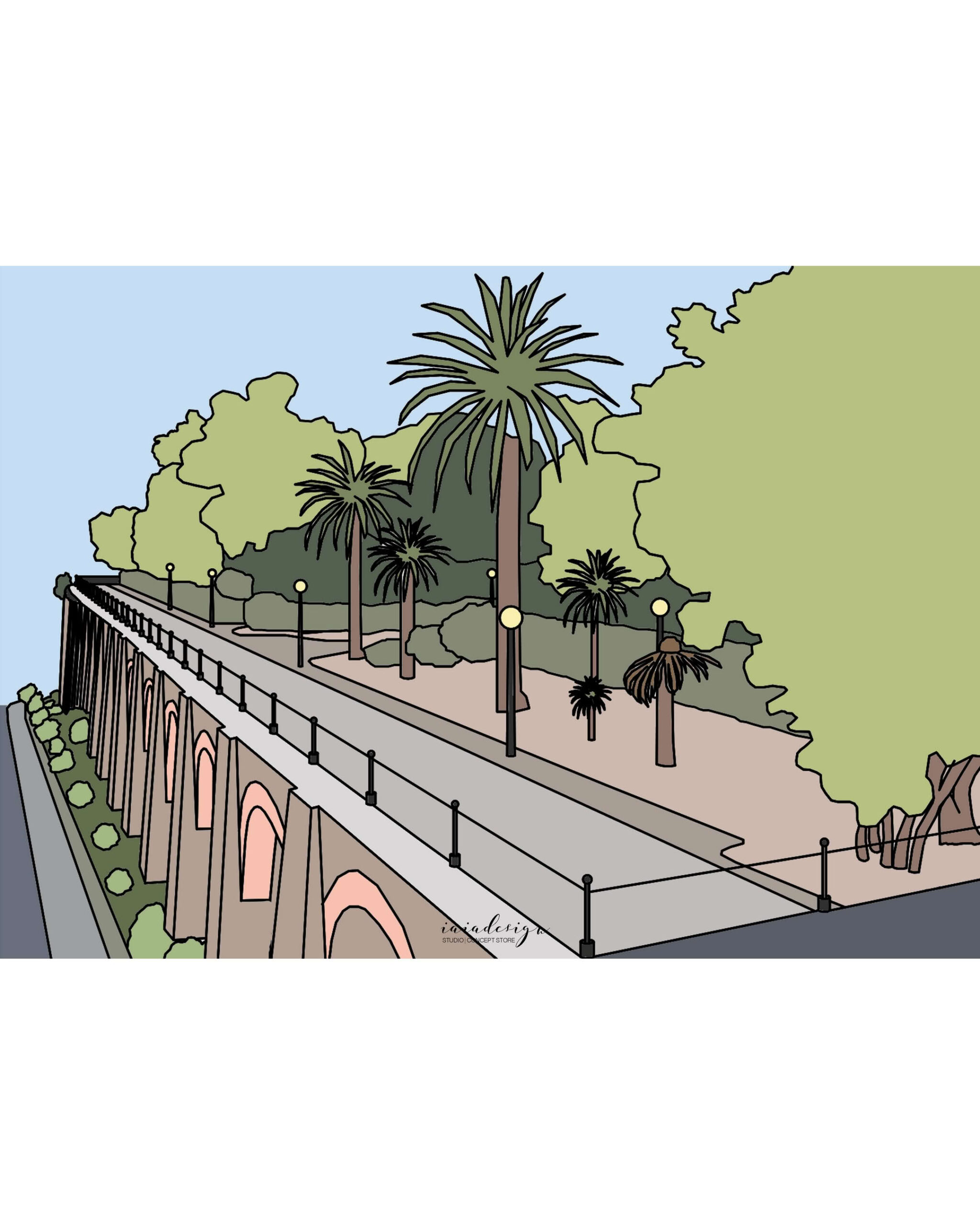 Illustrazione della passeggiata panoramica di Villa Mazzini a Palmi, con le sue arcate, i lampioni e le palme.