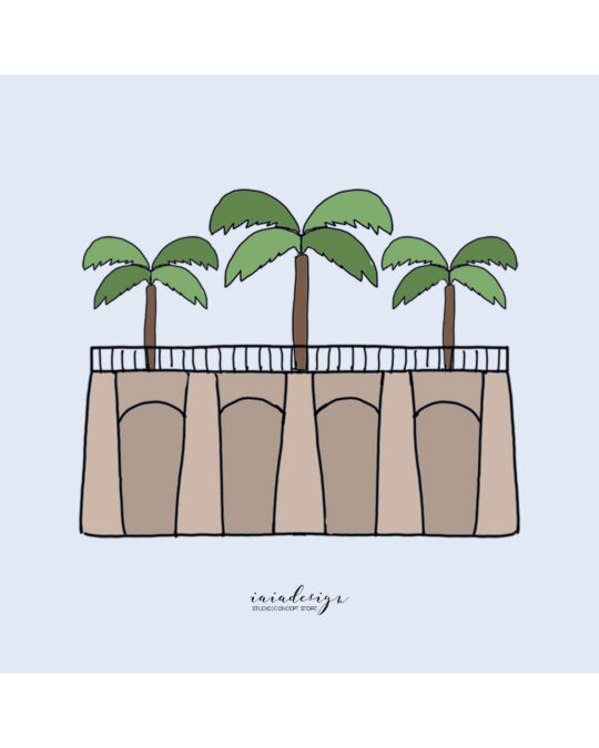 Illustrazione minimalista di Villa Mazzini a Palmi, con le sue caratteristiche arcate e le palme.