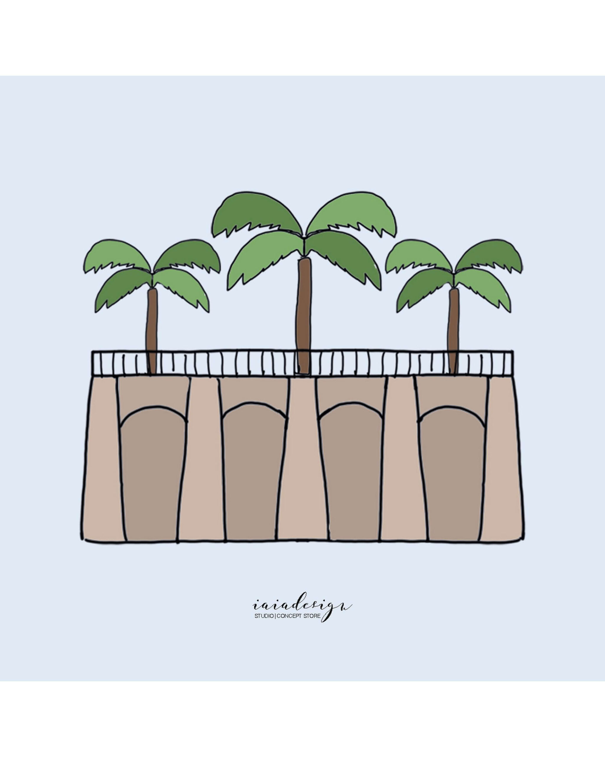 Illustrazione minimalista di Villa Mazzini a Palmi, con le sue caratteristiche arcate e le palme.