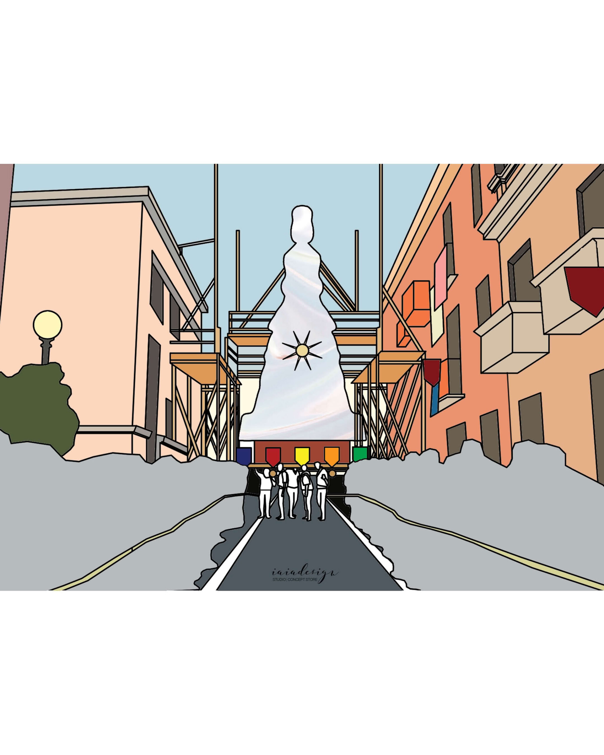 Illustrazione della processione della Varia di Palmi, con l'imponente carro votivo che sfila tra le vie della città.