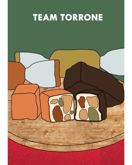 Illustrazione di vari tipi di torrone su un tagliere di legno, con la scritta divertente "Team Torrone".