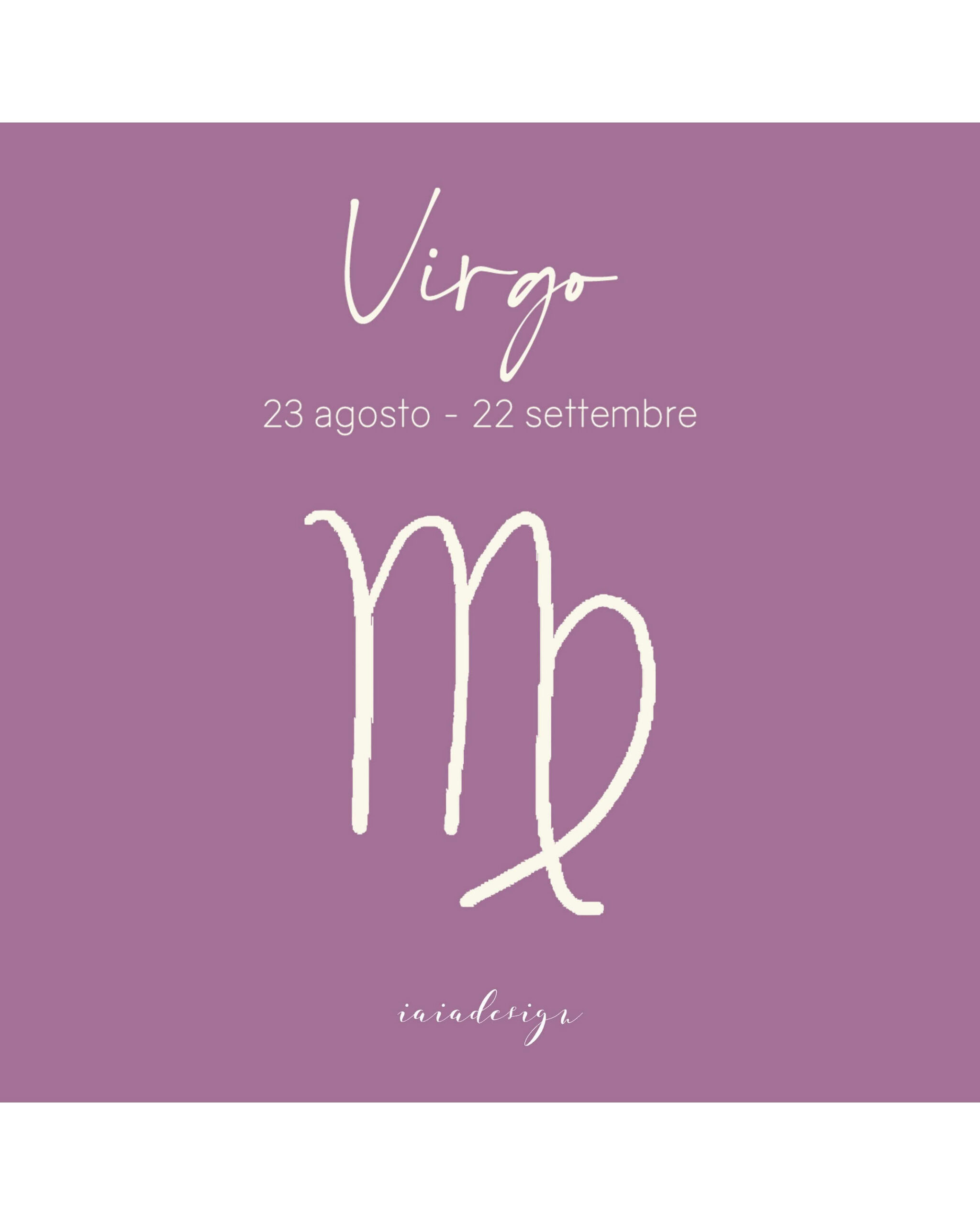Illustrazione del segno zodiacale della Vergine con il suo simbolo e le date su un fondo color malva.