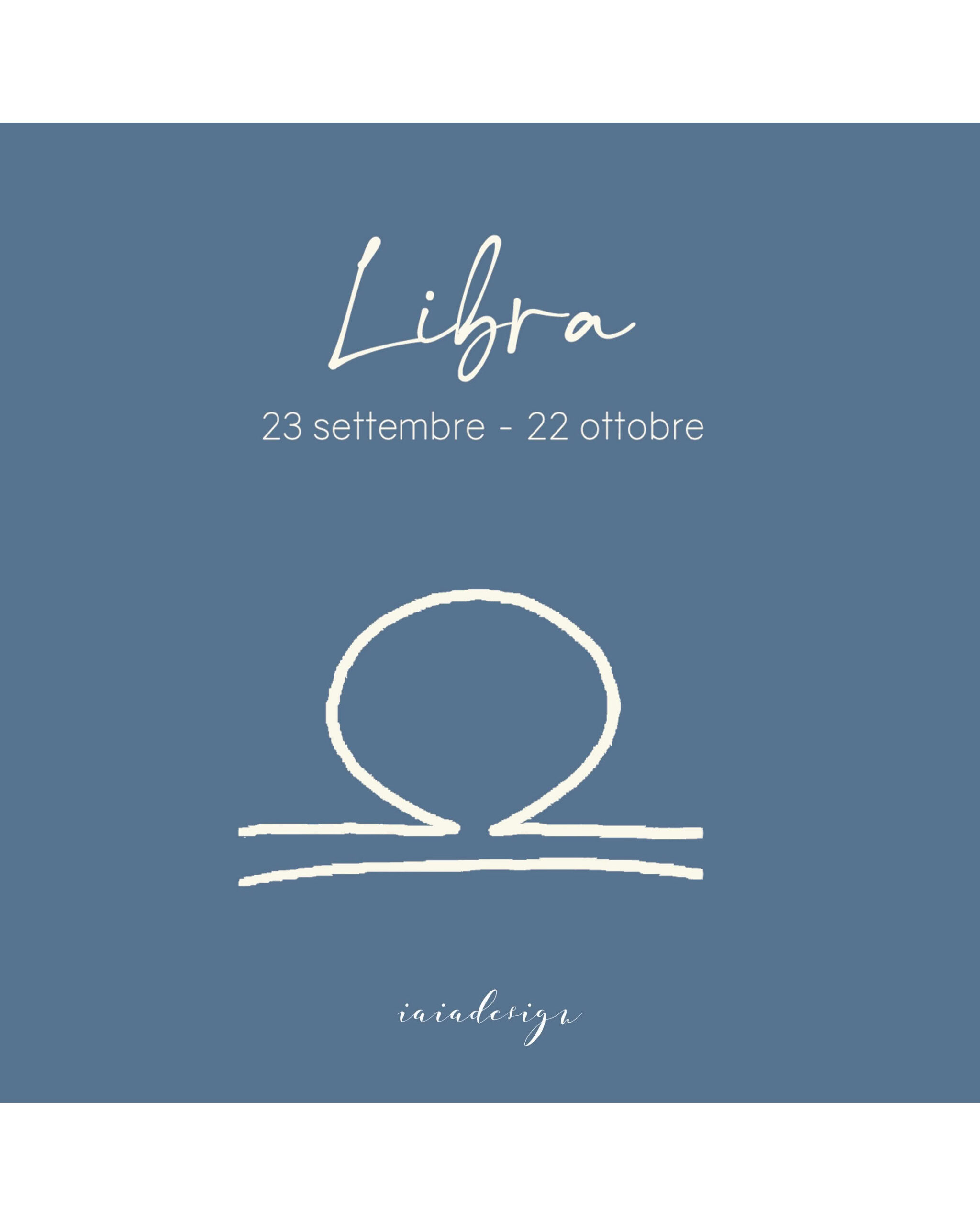 Illustrazione del segno zodiacale della Bilancia con il suo simbolo e le date su un fondo color blu avio.
