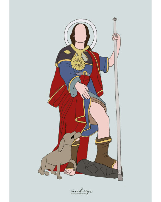 Illustrazione di San Rocco, patrono di Palmi, raffigurato con il bastone da pellegrino, la ferita sulla gamba e il cane.