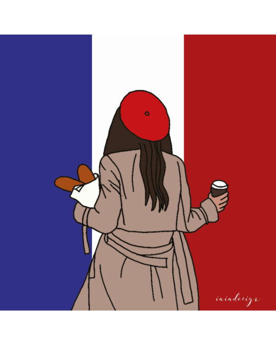 Illustrazione di una ragazza con basco rosso e trench, ispirata a Emily in Paris, con baguette e caffè davanti alla bandiera francese.