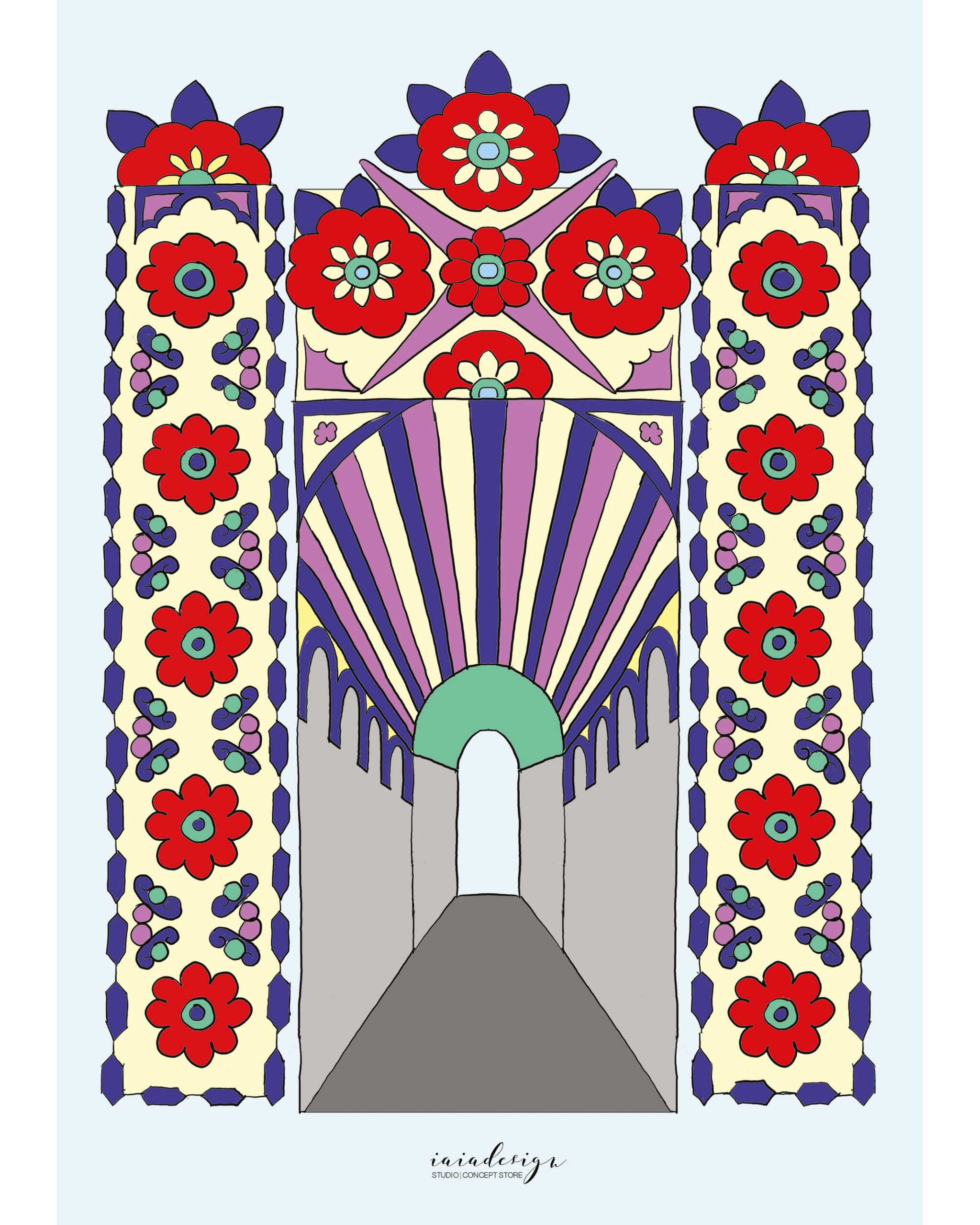 Illustrazione delle tradizionali luminarie di una festa patronale a Palmi, con i loro intricati disegni floreali e colorati.