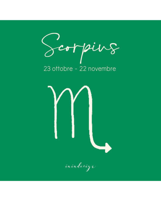 Illustrazione del segno zodiacale dello Scorpione con il suo simbolo e le date su un fondo verde intenso.