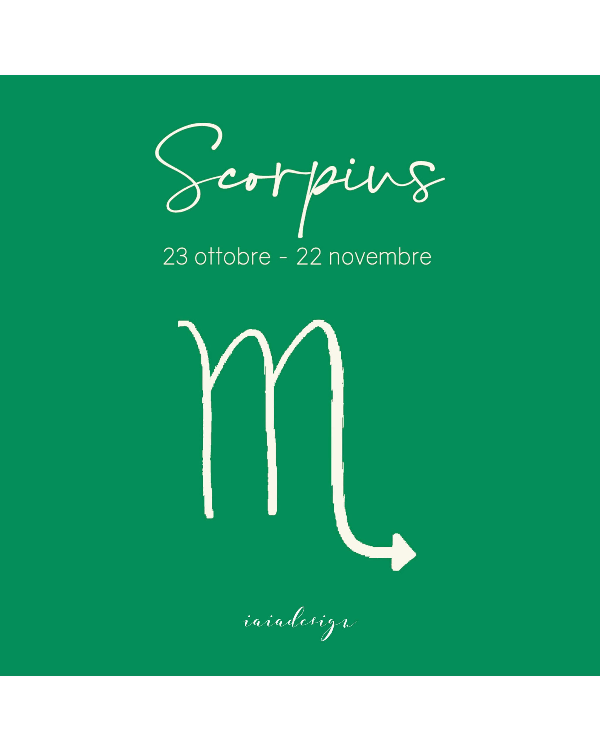 Illustrazione del segno zodiacale dello Scorpione con il suo simbolo e le date su un fondo verde intenso.