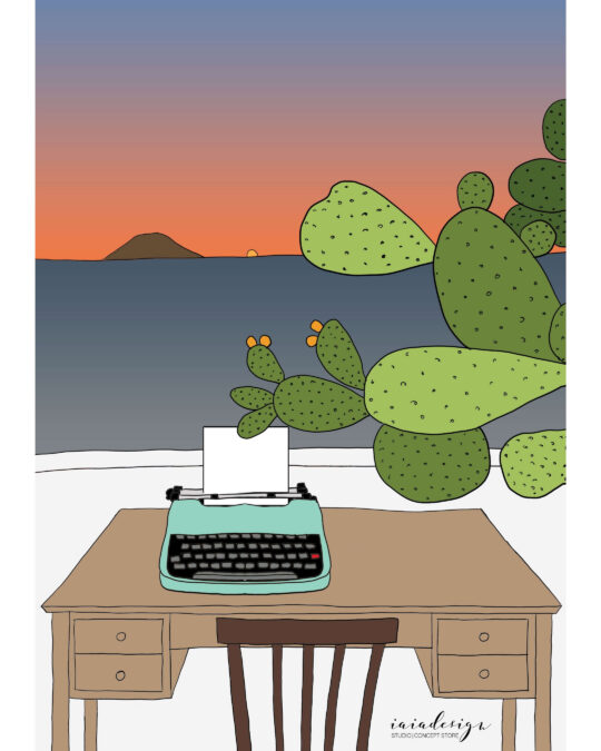 Illustrazione di una scrivania con macchina da scrivere vintage affacciata sul mare al tramonto, con vista sull'isola di Stromboli.