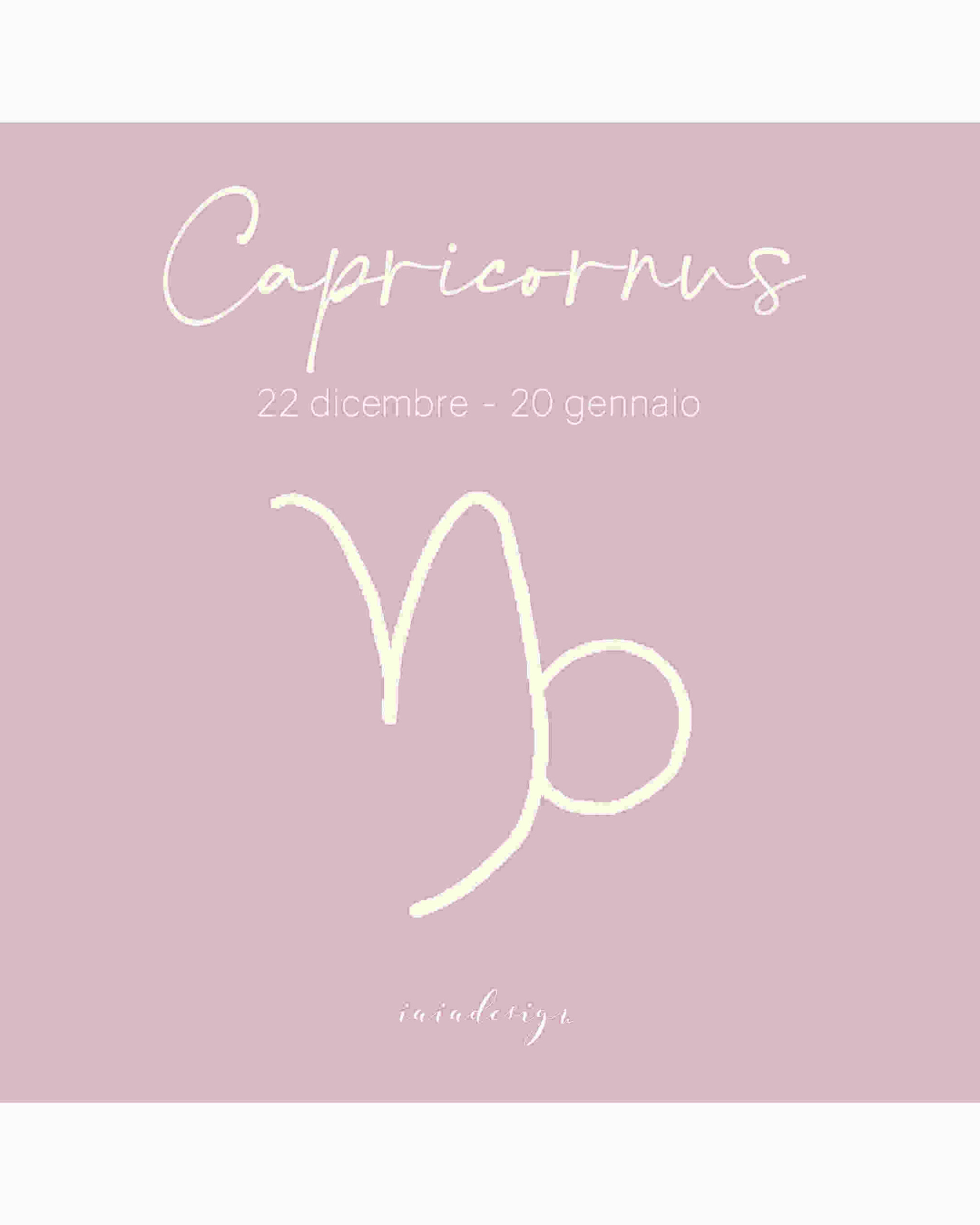 Illustrazione del segno zodiacale del Capricorno con il suo simbolo e le date su un fondo rosa cipria.