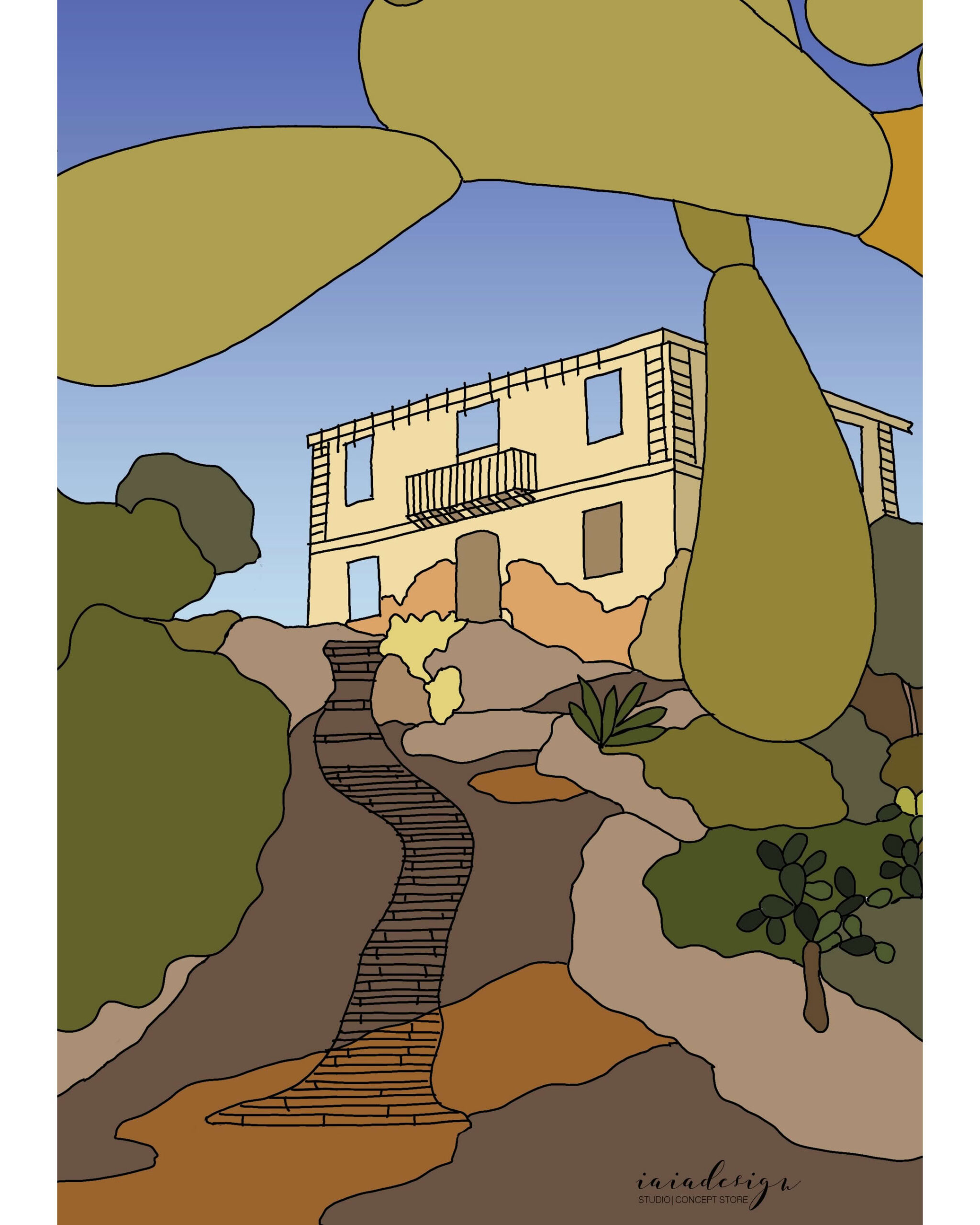 Illustrazione di una casa di campagna in stile mediterraneo su una collina, con un sentiero in pietra e fichi d'india.