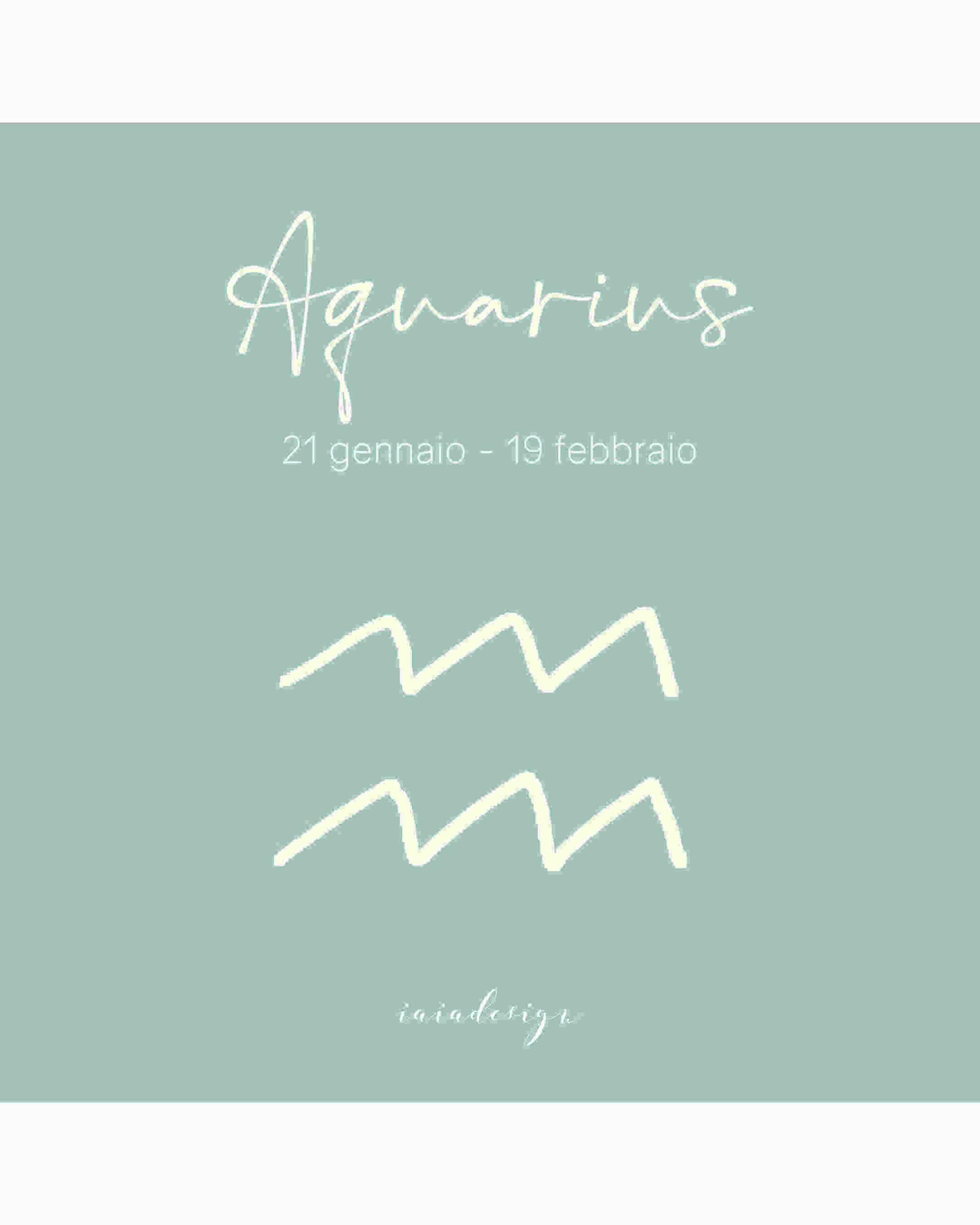 Illustrazione del segno zodiacale dell'Acquario con il suo simbolo e le date su un fondo color verde salvia