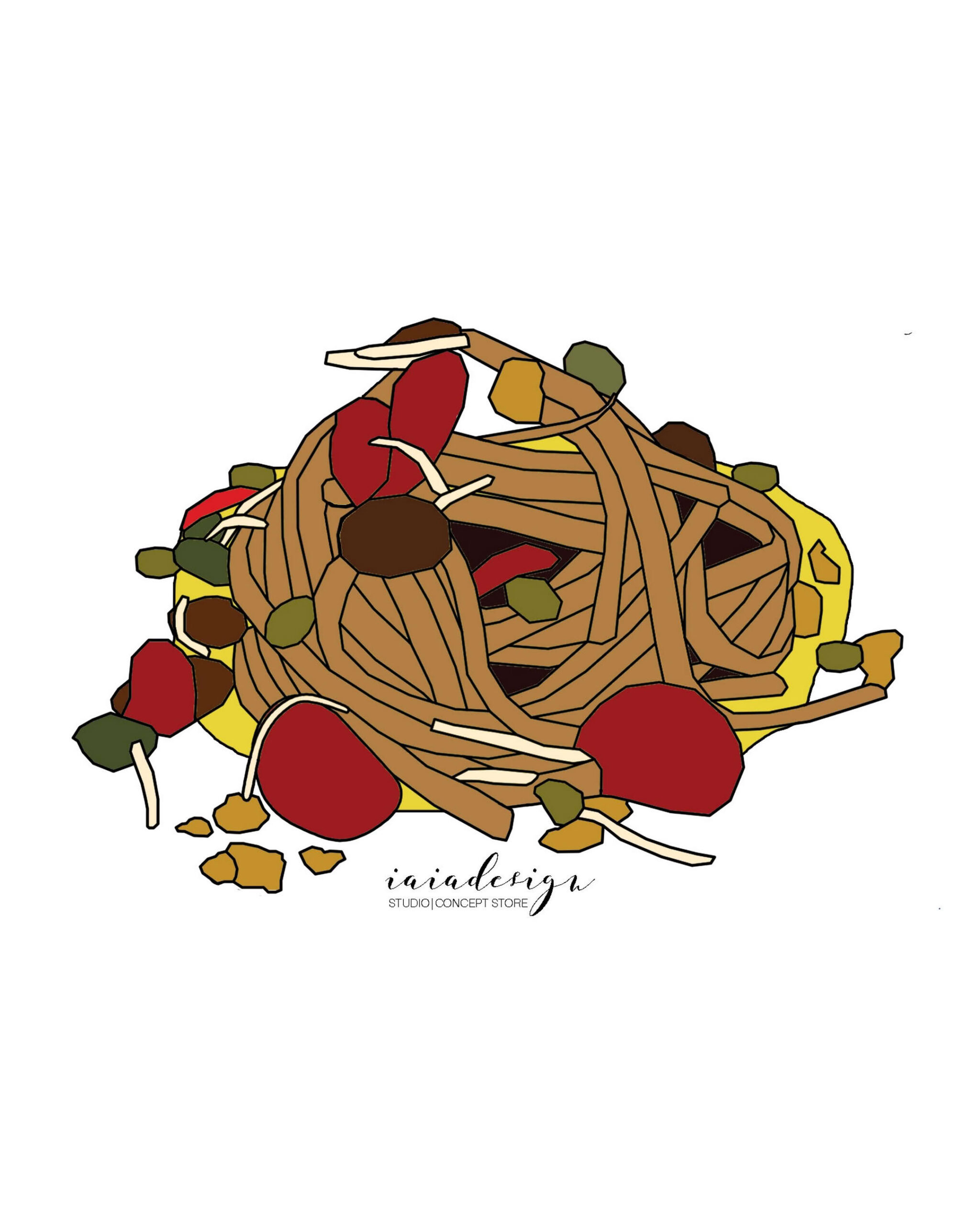 Illustrazione di un piatto di struncatura, pasta tipica calabrese, condita con i suoi ingredienti tradizionali.