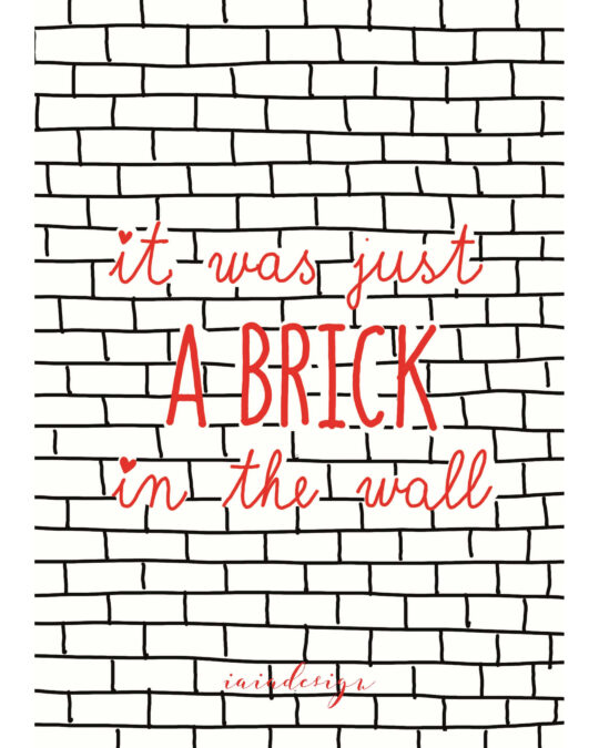 Illustrazione con la frase "Another brick in the wall" dei Pink Floyd, scritta in rosso su un muro di mattoni disegnato a mano.