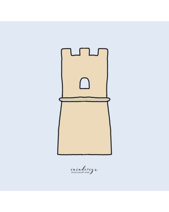Illustrazione minimalista di una Torre Saracena, simbolo delle coste calabresi, su un fondo azzurro.