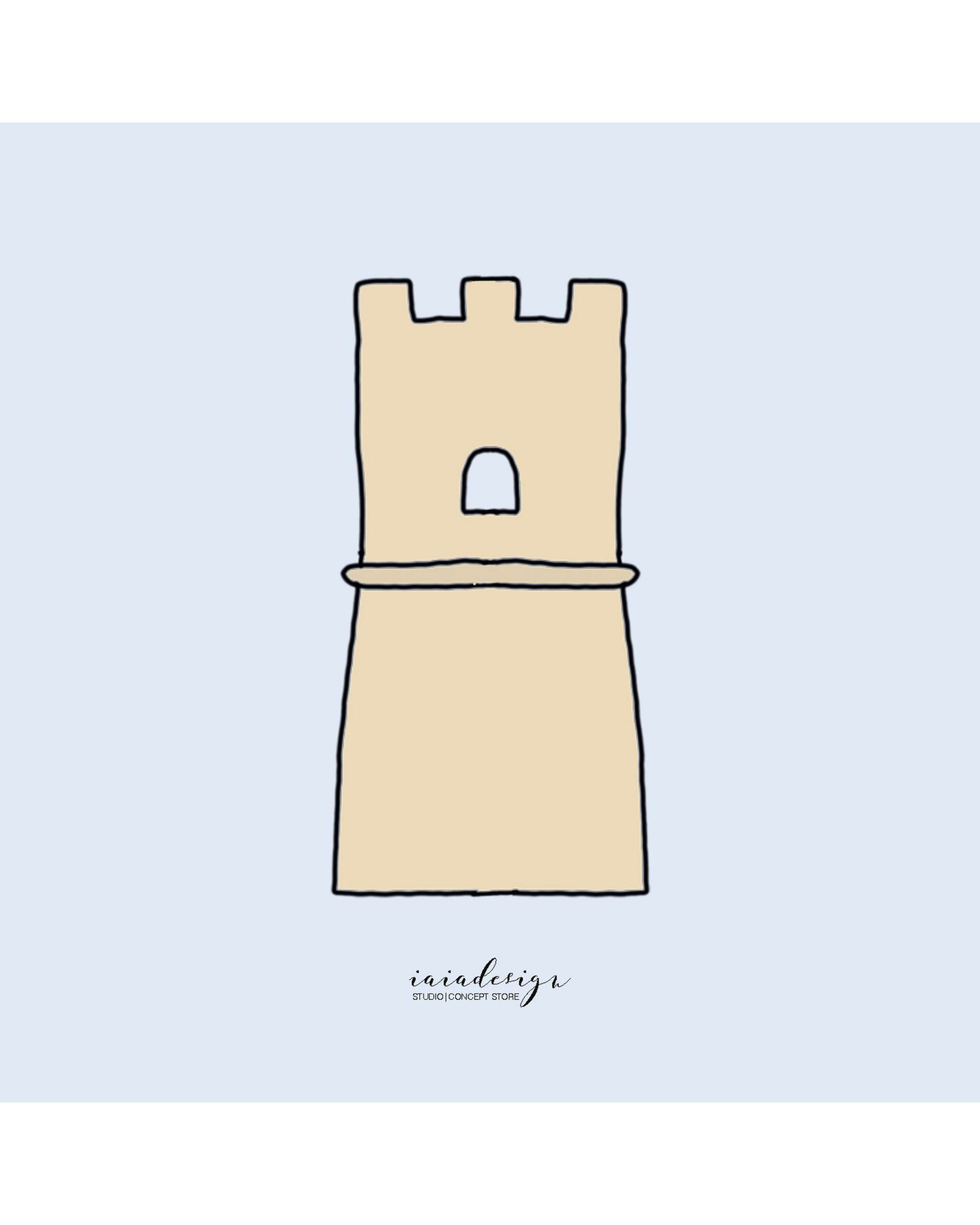 Illustrazione minimalista di una Torre Saracena, simbolo delle coste calabresi, su un fondo azzurro.