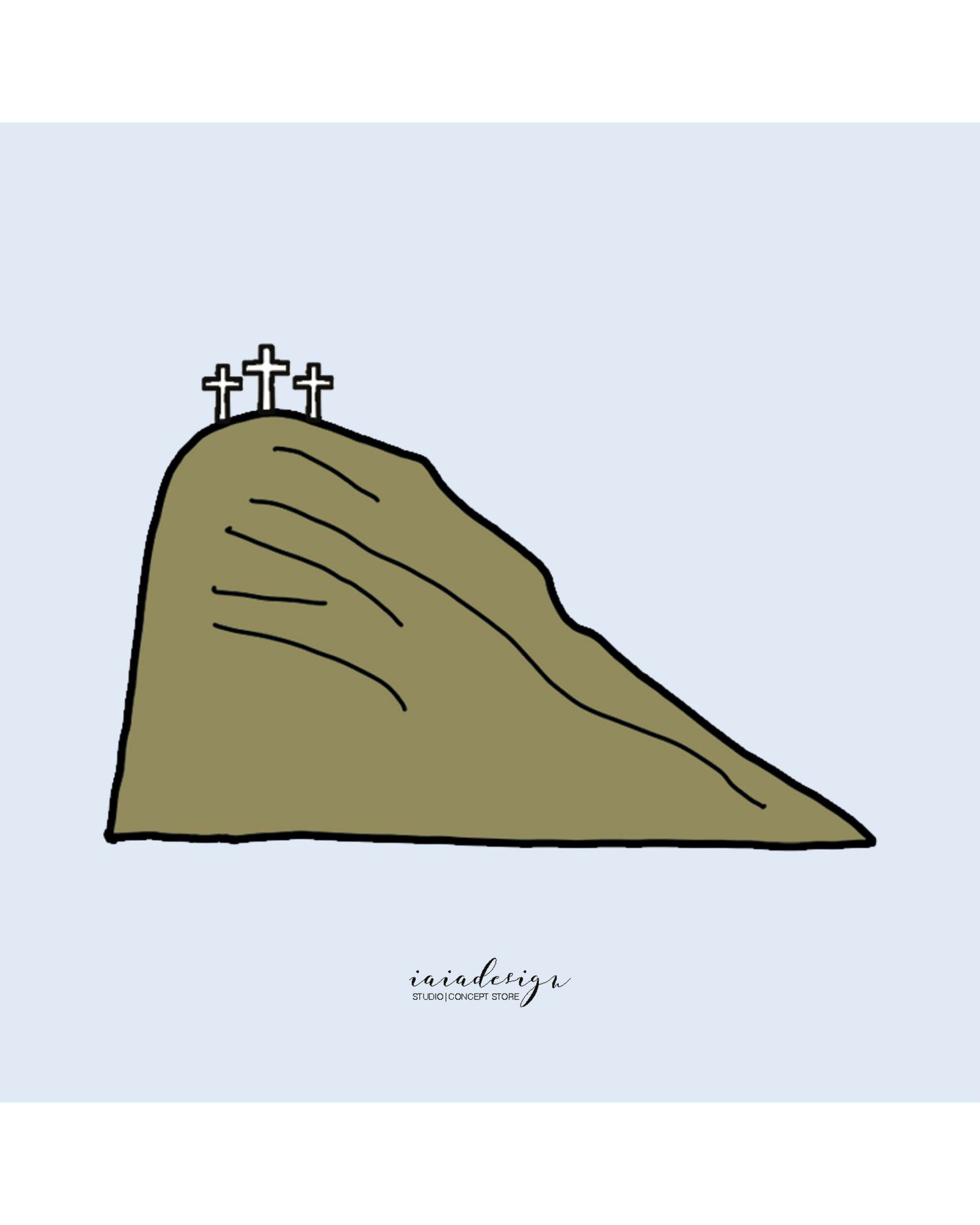 Illustrazione minimalista del Monte Sant'Elia a Palmi, con le iconiche tre croci sulla cima contro un cielo azzurro.